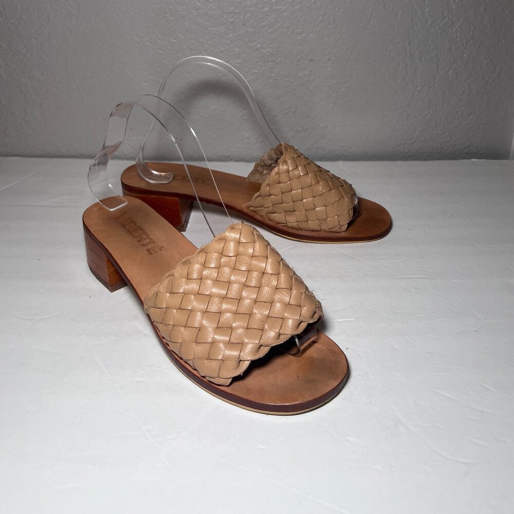 Liberte Santorini Woven Wooden Leather Mule Sandals Tan Cognac
